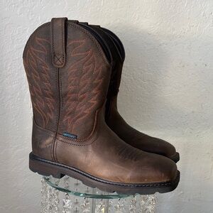 Brown Leather Western Work Boots with Embroidered Shaft